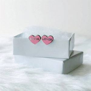 Book Lover Earrings – Mismatched “BOOK” & “LOVER” Studs in Pink Enamel