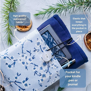 Blue Cherry Blossom Book Sleeve with Pocket and Button Closure