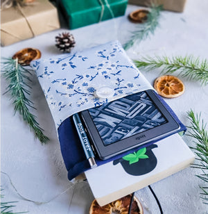 Blue Cherry Blossom Book Sleeve with Pocket and Button Closure
