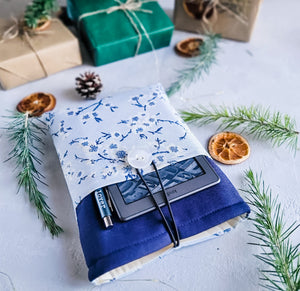 Blue Cherry Blossom Book Sleeve with Pocket and Button Closure