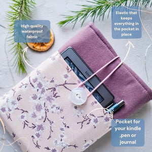 Pink/Mauve Cherry Blossom Book Sleeve with Pocket and Button Closure