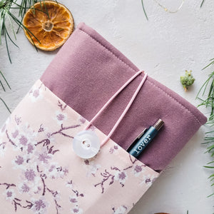 Pink/Mauve Cherry Blossom Book Sleeve with Pocket and Button Closure