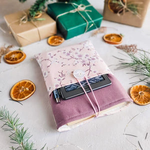 Pink/Mauve Cherry Blossom Book Sleeve with Pocket and Button Closure