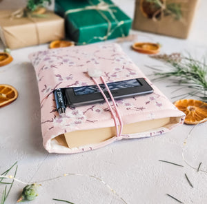 Pink Cherry Blossom Book Sleeve with Pocket and Button Closure
