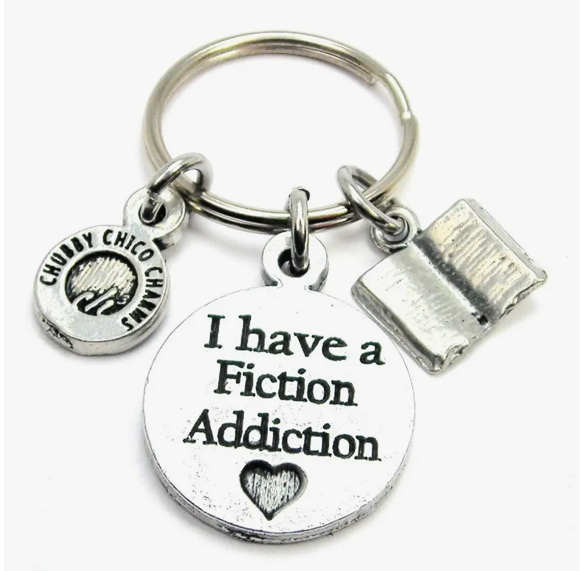 &quot;I Have A Fiction Addiction&quot; with Open Book Key Chain