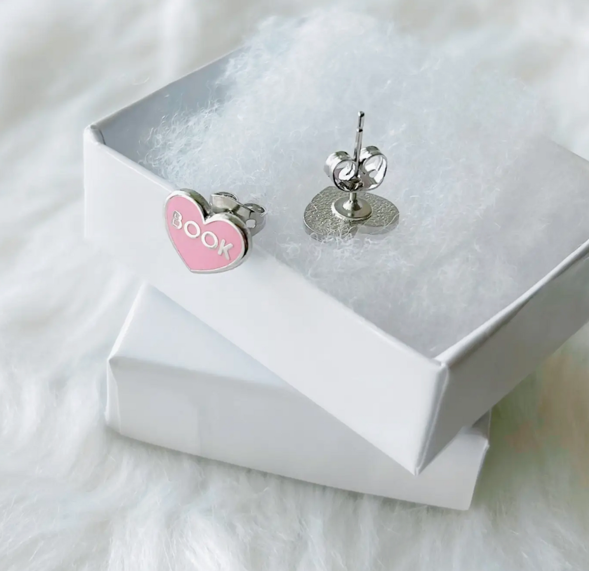 Book Lover Earrings – Mismatched “BOOK” &amp; “LOVER” Studs in Pink Enamel
